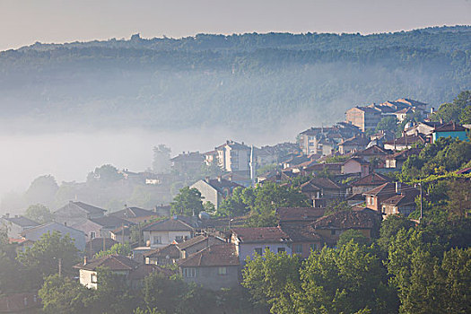 保加利亚,中心,山,大特尔诺沃,老,要塞,区域,俯视图,乡村,雾