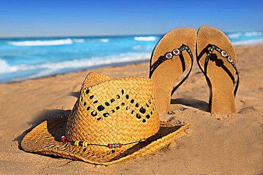 金色,沙滩,夏天,帽子,凉鞋