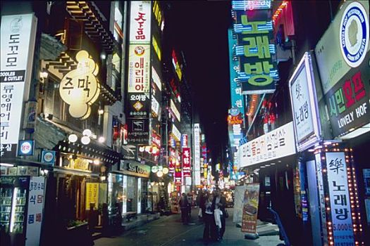 南,首尔,夜晚,街景,商店,餐馆