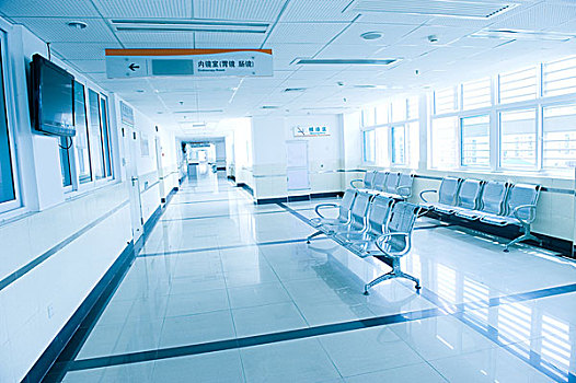 蓝色色调,医院,等候室,空椅子