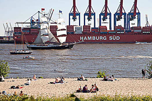集装箱码头,航行,船,日光浴,河,岸边,城市,汉堡市,德国,欧洲