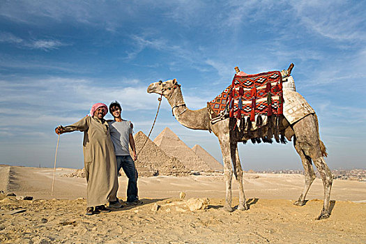 两个男人,沙漠,骆驼,金字塔,背景