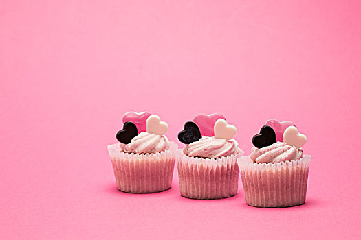 美味,情人节,杯形蛋糕,排列,粉色背景