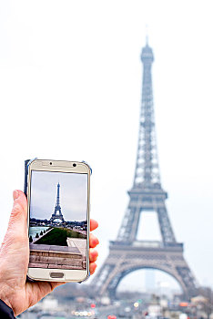 女人,摄影,埃菲尔铁塔,智能手机,巴黎,法国,欧洲
