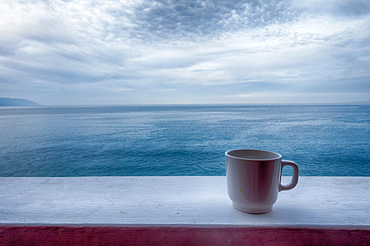 咖啡杯,平台,栏杆,海洋,背景