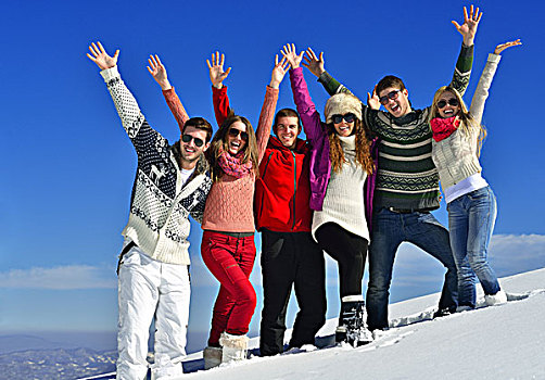 高兴,朋友,开心,冬天,初雪,健康,年轻人,群体,户外