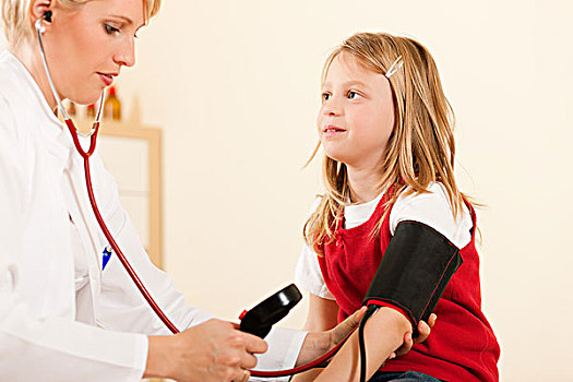 女医生,测量,血压,孩子,病人,袖子,听诊器