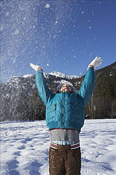 女孩,投掷,雪,空气