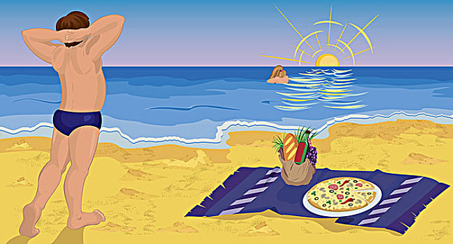 情侣,海滩,比萨饼