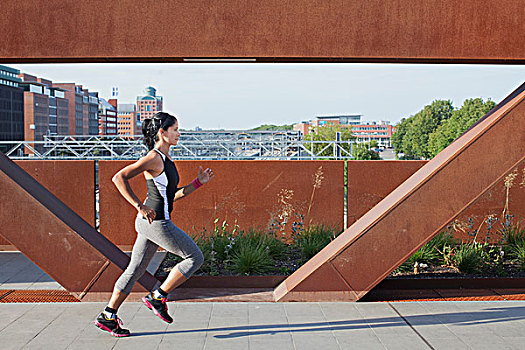 女性,跑步,跑,城市,步行桥
