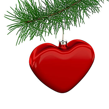 红色,心形,玩具,悬挂,圣诞树,隔绝,白色背景