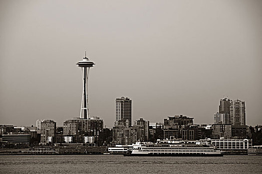 西雅图,城市天际线,风景,上方,海洋,城市,建筑,太空针塔
