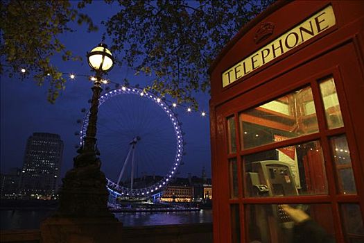 伦敦眼,摩天轮,泰晤士河,电话亭,伦敦,英格兰,英国,欧洲