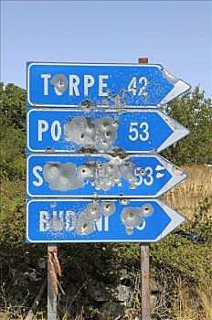 蓝色,交通标志,满,弹孔,萨丁尼亚,意大利,欧洲