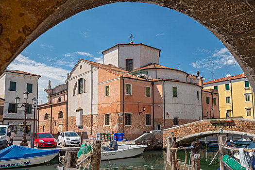 风景,运河,教堂,渔船,基奥贾,威尼斯泻湖,威尼斯,意大利