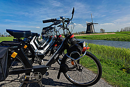 排,自行车,堤岸,运河,远景,风车,荷兰
