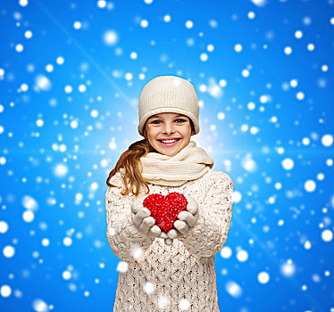 圣诞节,休假,孩子,礼物,人,概念,梦,女孩,冬天,衣服,红色,心形,上方,蓝色,雪,背景