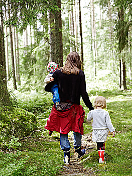 女人,两个孩子,树林,瑞典