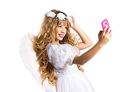 天使,金发,女孩,照相,手机,智能手机,羽毛,翼,白色背景