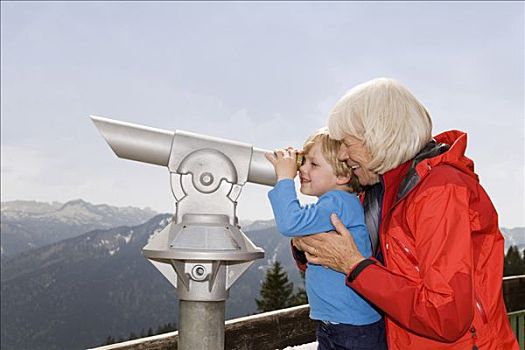 男孩,奶奶,看穿,望远镜