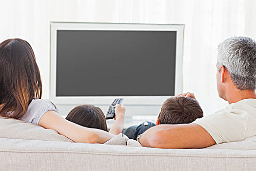 家庭,坐,沙发,看电视,一起,在家