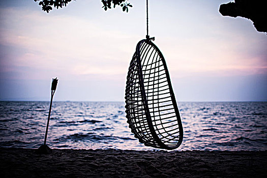 悬挂,椅子,海滩,日落,柬埔寨