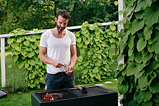 男人,烧烤,花园