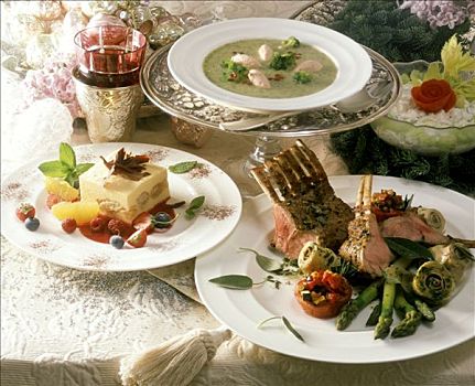 圣诞菜谱,花椰菜,汤,架子,小牛肉,提拉米苏蛋糕