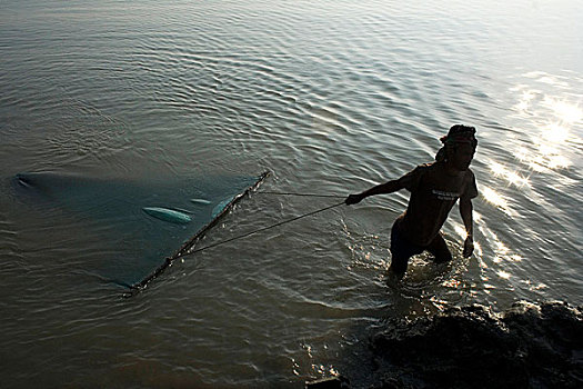 渔民,捕鱼,河,孟加拉,一月,2008年