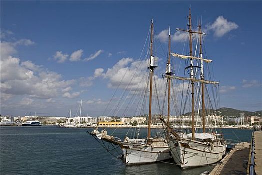 两个,历史,帆船,宽阔,索具,港口,伊比沙岛,巴利阿里群岛,西班牙