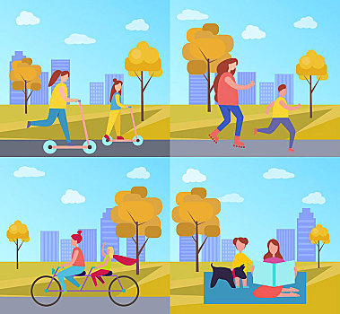 家庭,活动,公园,矢量,插画,秋天,骑自行车,一对,自行车,读,放松,瑜伽垫