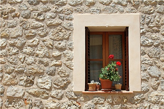 窗户,花,罐,石头,建筑,墙壁