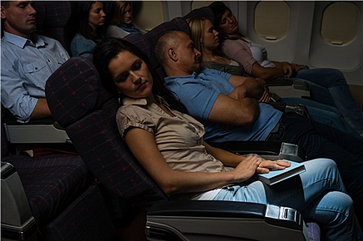 飞行,乘客,睡觉,飞机,机舱,夜晚,旅行