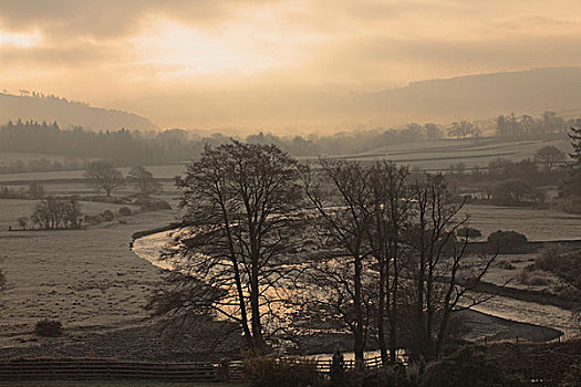 霜,雾气,黎明,交汇,赛沃恩,河,冬天,靠近,波厄斯郡,威尔士,英国,欧洲