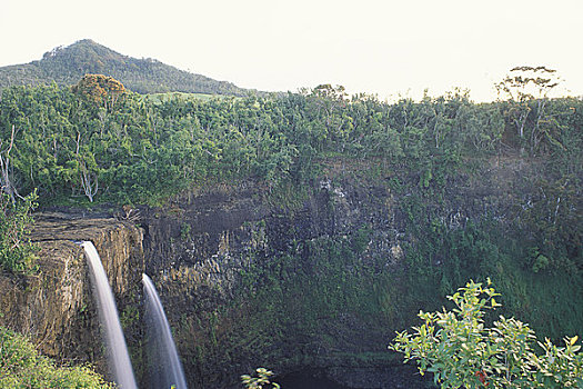 威陆亚,瀑布,早晨,丛林,植被,美国,夏威夷,考艾岛