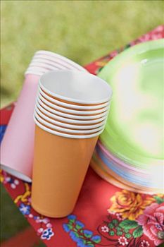 色彩,纸杯,盘子,折叠,凳子,花园