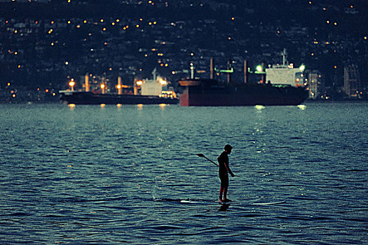 一个,男人,划艇,海洋,温哥华,黄昏