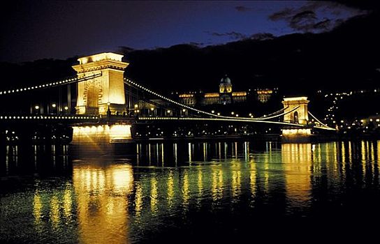 夜晚,光亮,链索桥,桥,多瑙河,布达佩斯,匈牙利,欧洲,欧盟新成员