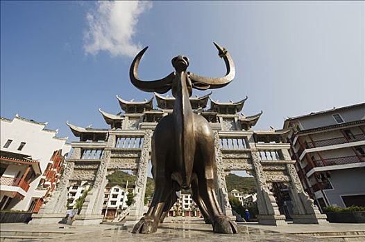 中国,湖南,省,凤凰,水牛,雕塑,大门