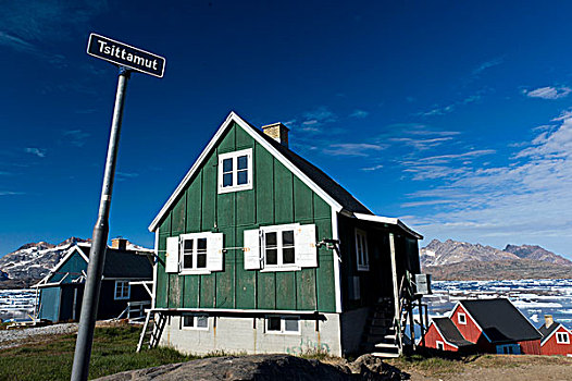 道路,标识,绿色,房子,格陵兰,格陵兰东部