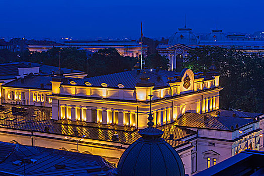 保加利亚,索非亚,议会,建筑,黃昏,俯视图