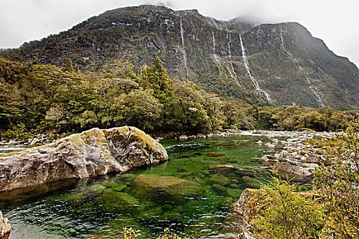 瀑布,排水,河,峡湾国家公园,新西兰