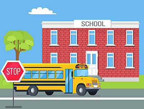 巴士,站立,正面,砖,学校,插画,黄色,运输,学生,左边,道路,停止,交通标志,两个,层,卡通,风格