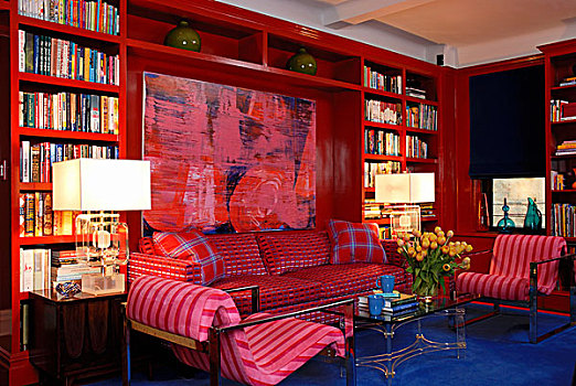 红色,书架,现代生活,房间,大,绘画,蓝色,地面