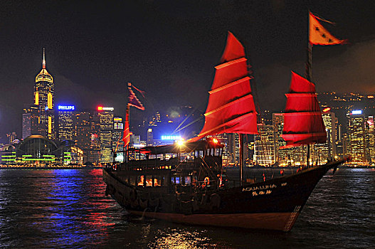 中国,香港,帆船,夜晚
