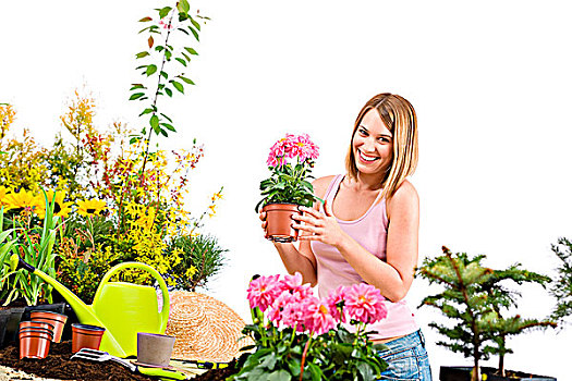 园艺,高兴,女人,拿着,花盆,花