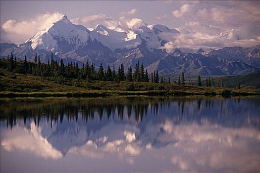 山,阿拉斯加山脉,旺湖,德纳里峰,公园,夏天,国家,反射