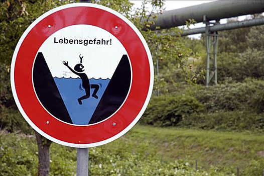 信息指示,河,危险,警告,淹没,多特蒙德,北莱茵威斯特伐利亚,地区,德国