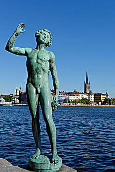 雕塑,歌曲,正面,市政厅,历史,中心,格姆拉斯坦,骑士岛,后面,斯德哥尔摩,瑞典,欧洲