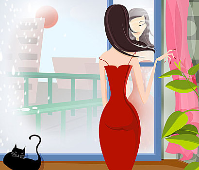 时尚插画,窗台,红色吊带裙,黑色猫,玻璃窗,窗外,女子背影,流泪